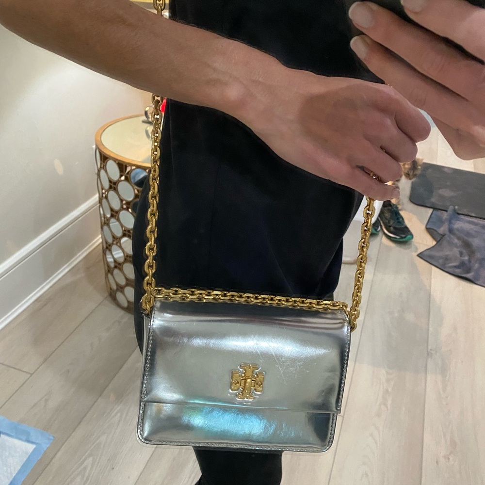 Tory Burch Silver Clutch with Gold Chain